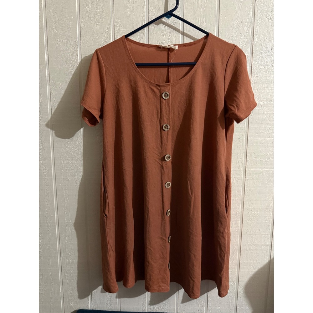 Dress Up Terracotta Rust Button Front Short Sleeve Pocket Shift Dress Small